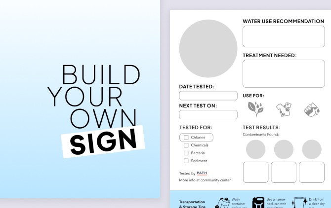 On the left, "build your own sign." On the right, a blank water quality sign.