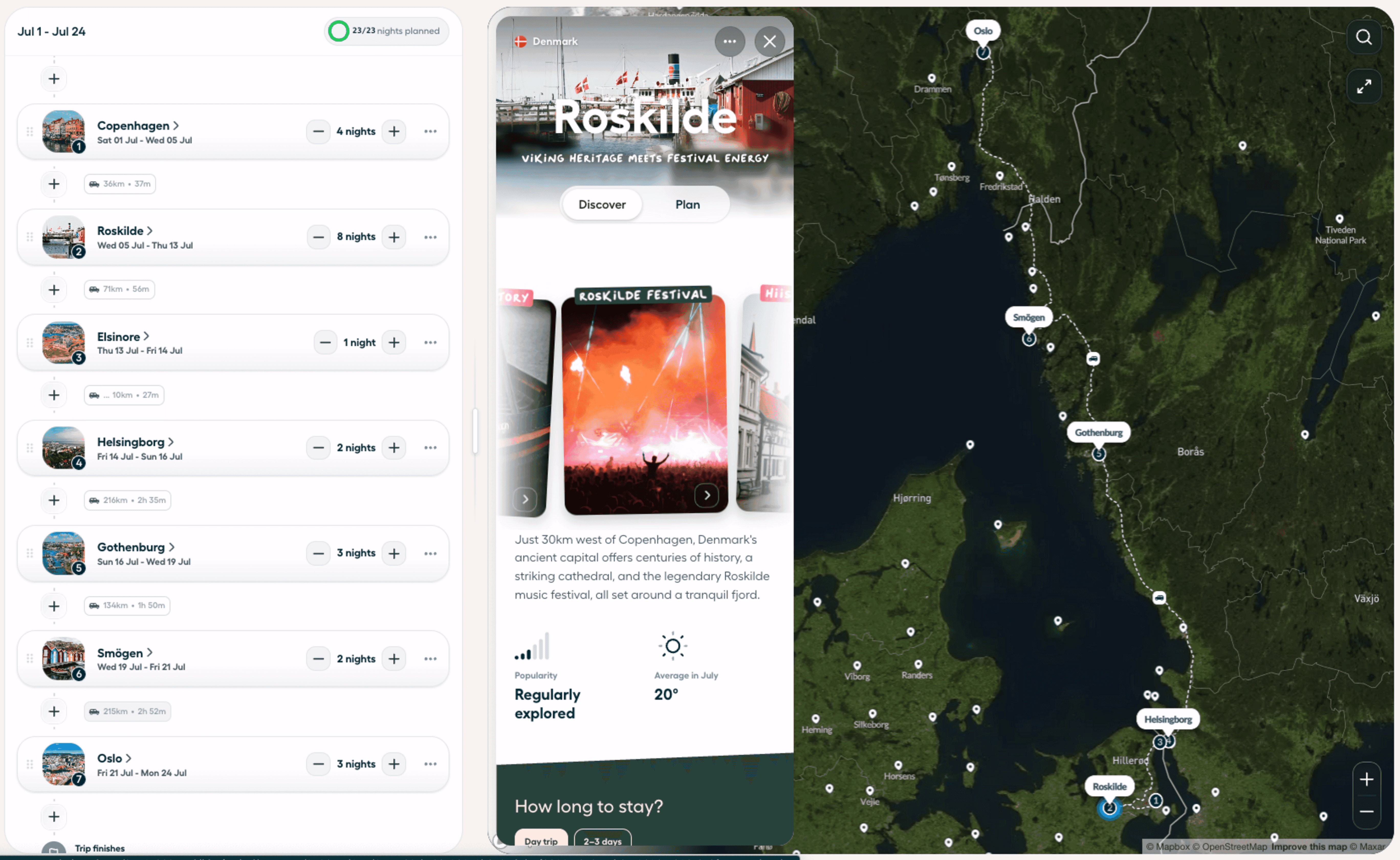 Polarsteps Trip Planner mapping a journey from Copenhagen to Oslo via Sweden’s west coast, with destination recommendations and an interactive map.