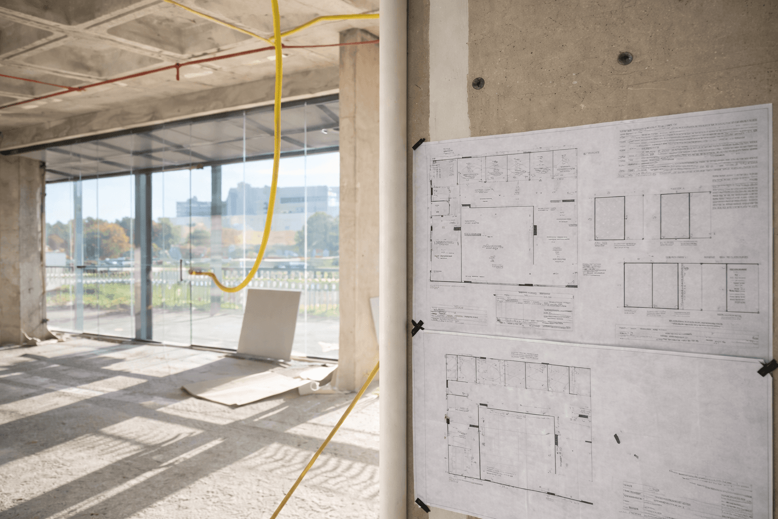 Espace professionnel aménagé avec mobilier design et végétation intérieure, résultat d'un suivi de chantier complet