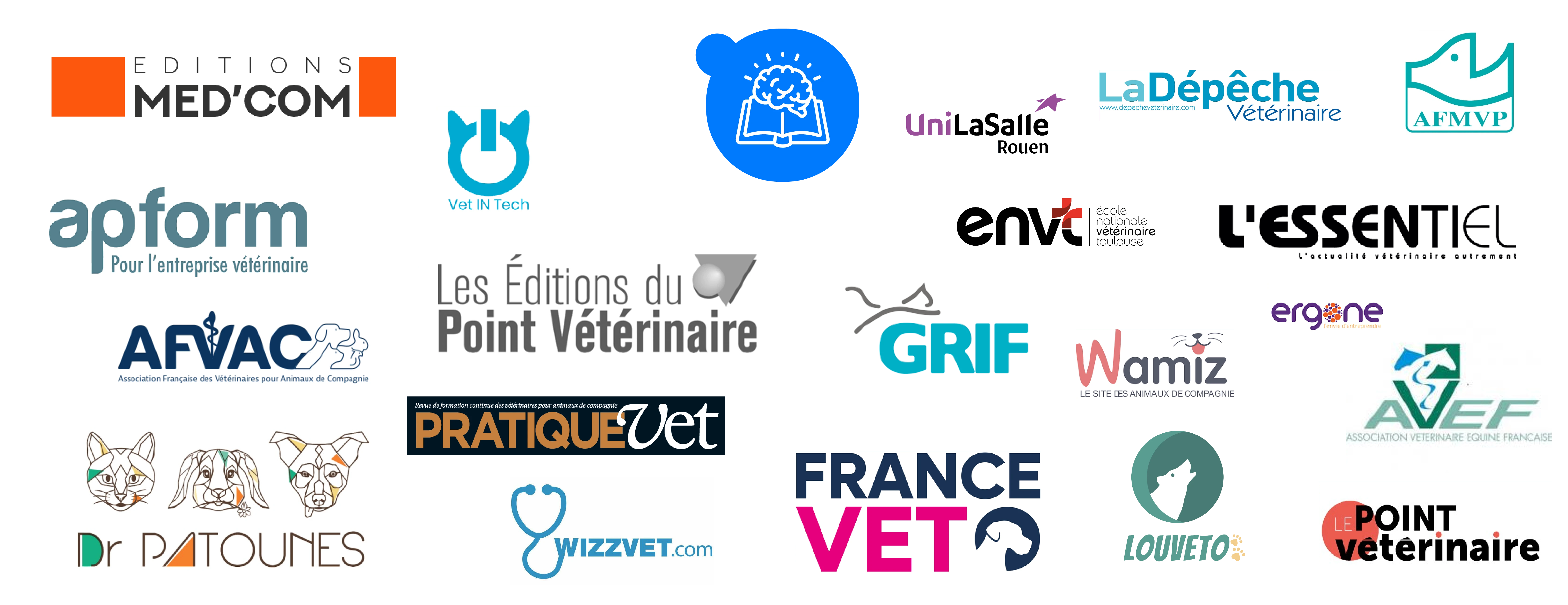 Logos des partenaires éducation et formation vétérinaire : Éditions Med'com, Apform, Vet IN Tech, UniLaSalle Rouen, La Dépêche Vétérinaire, AFMVP, AFVAC, Les Éditions du Point Vétérinaire, ENVT École Nationale Vétérinaire de Toulouse, L'Essentiel, Ergone, GRIF, Wamiz, AVEF Association Vétérinaire Équine Française, Dr Patounes, PratiqueVet, Wizzvet.com, FranceVet, Louveto et Le Point Vétérinaire, avec une icône de livre et cerveau en haut