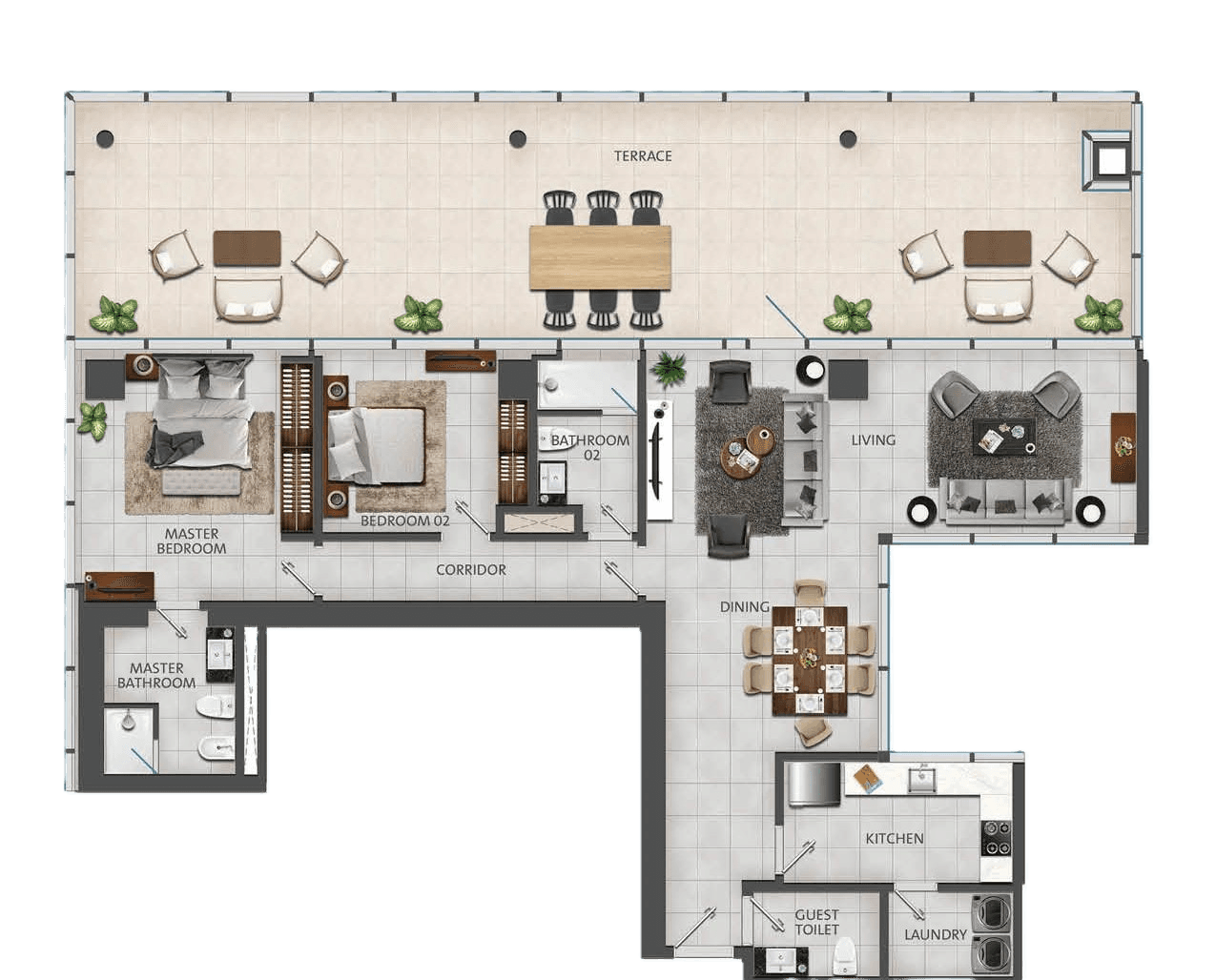 Contemporary 2-bedroom floor plan at Rolex Tower with a large private terrace overlooking Sheikh Zayed Road.