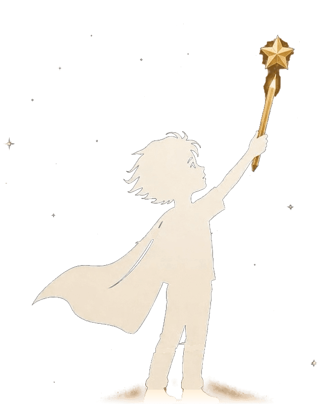 A child in a cape reaching up with a star-tipped pencil