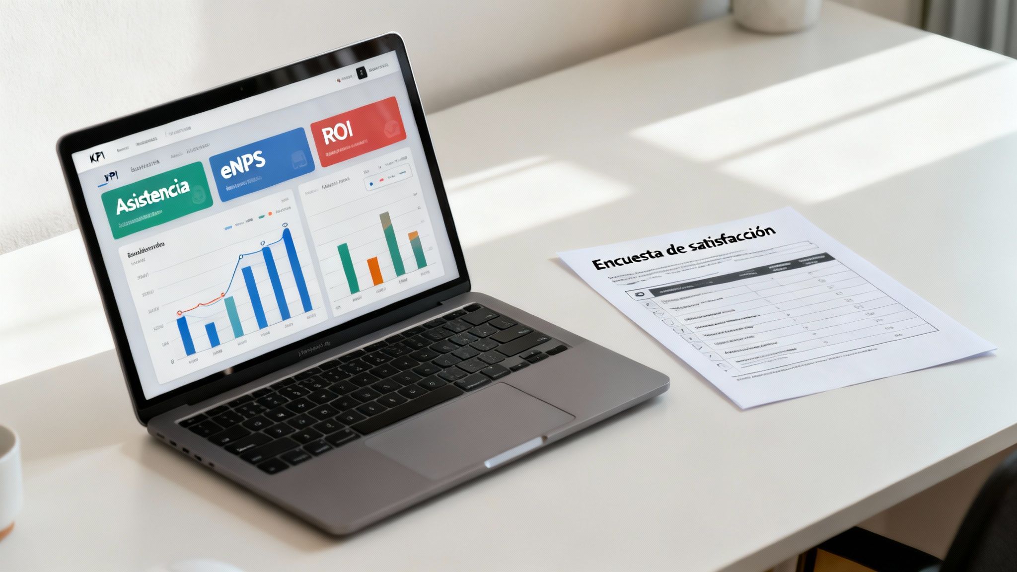 Laptop mostrando un panel de KPI sobre asistencia, eNPS y ROI, junto a una encuesta de satisfacción en un escritorio.