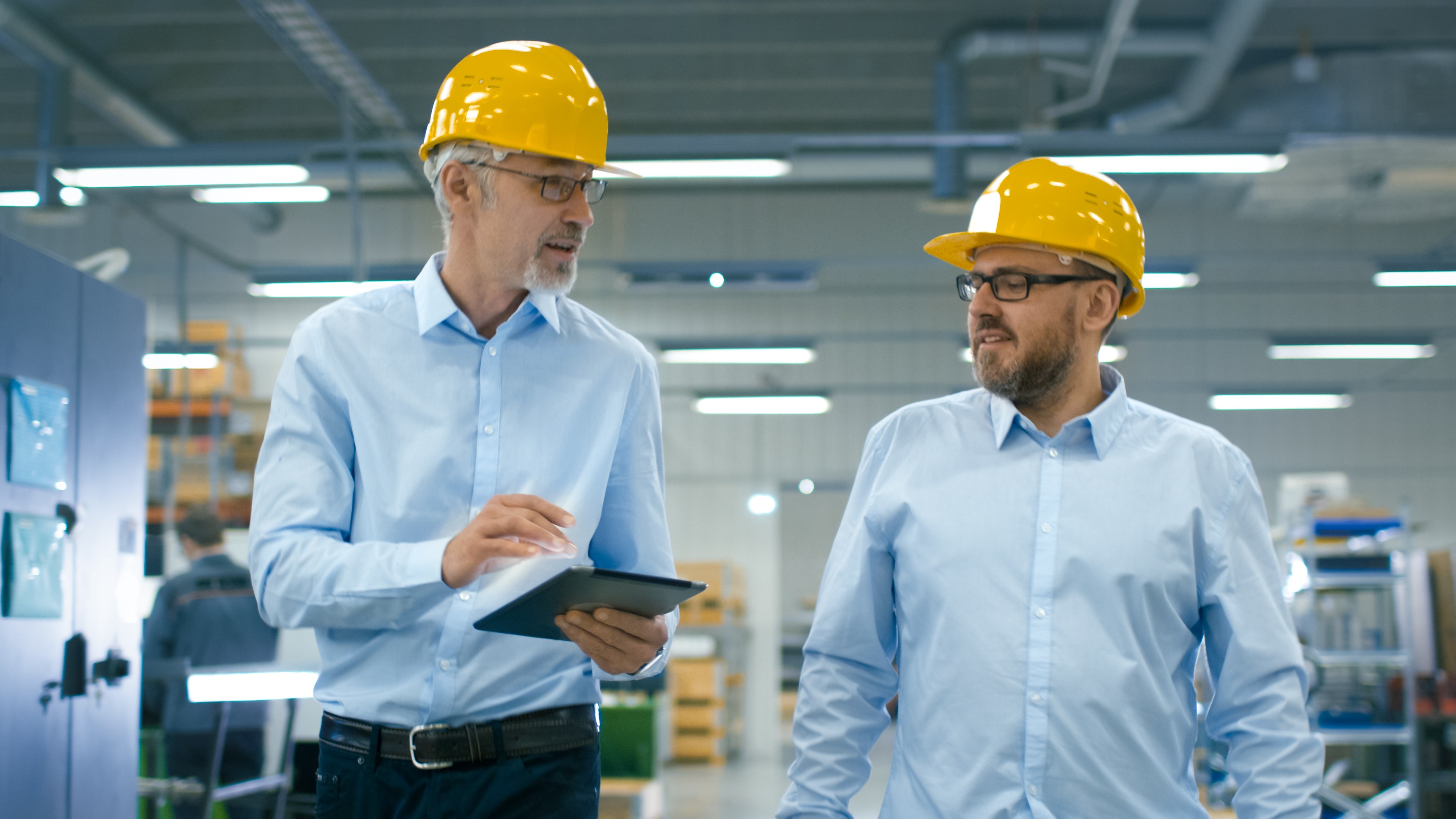 Auditor and site representative review continuity arrangements during a resilience-focused walk-through in an operational facility.