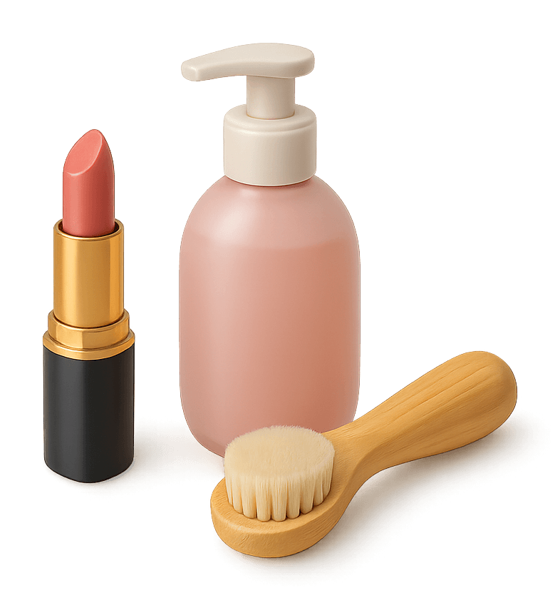 Health and beauty items such as lotion, lipstick, and a brush for selling in this category