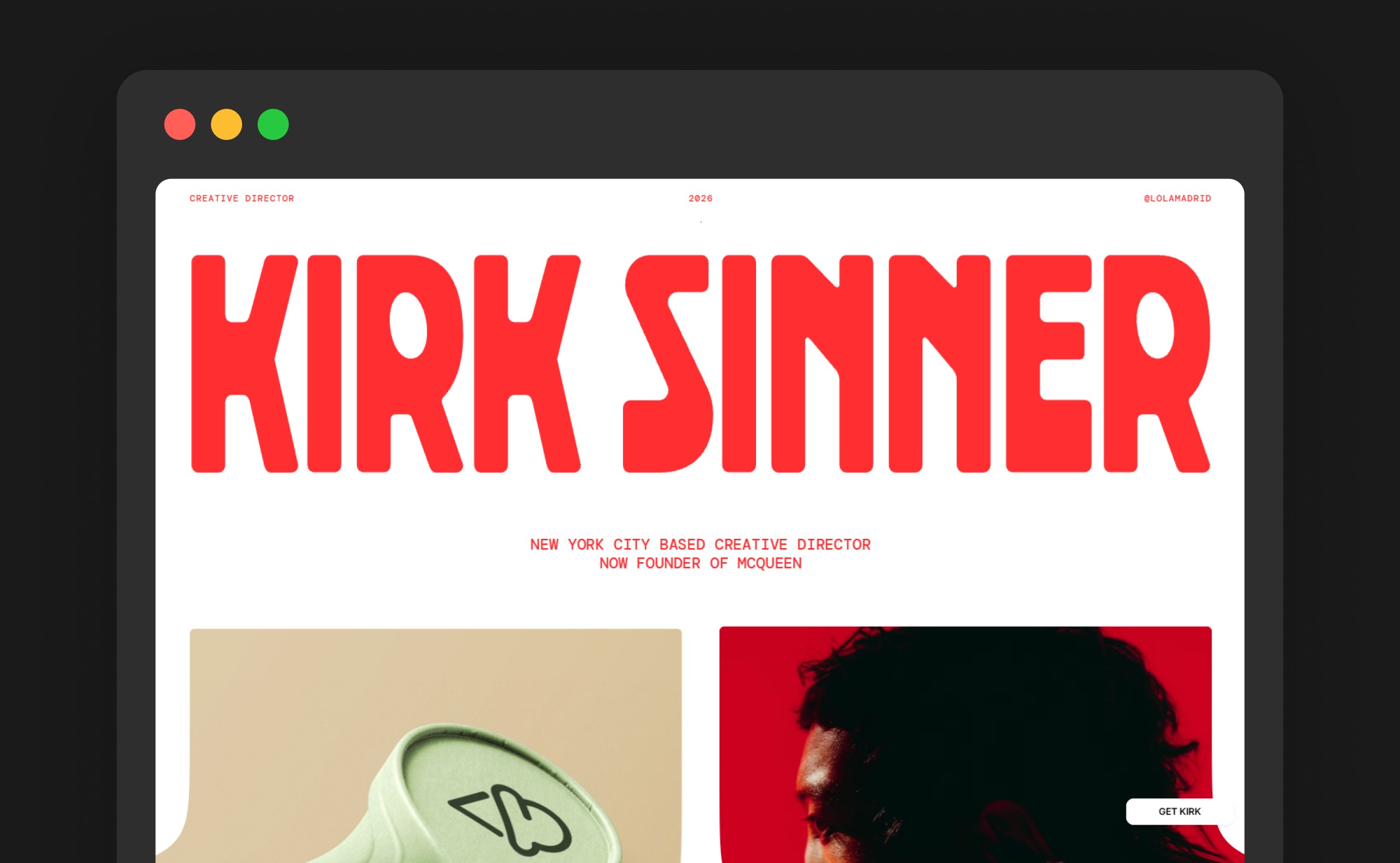 Kirk free Framer portfolio template — bold red 'Kirk Sinner' creative director homepage with editorial project cards