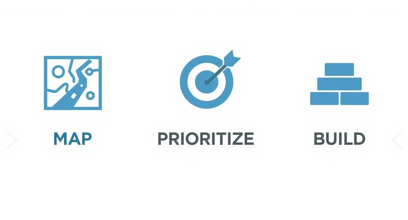 Une série d'icônes représentant les étapes d'un processus : cartographier, prioriser et construire.