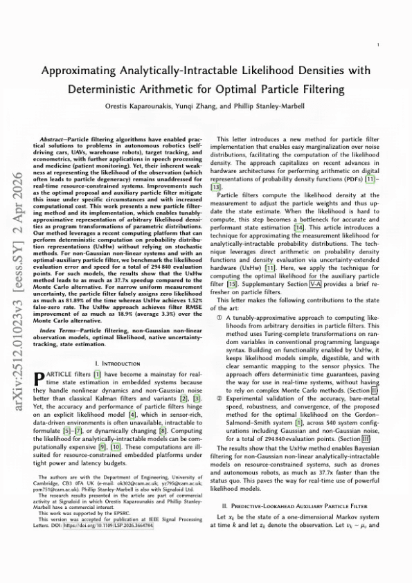 Front page of the research paper PDF "Approximating Analytically-Intractable Likelihood Densities with Deterministic Arithmetic for Optimal Particle Filtering" by Orestis Kaparounakis, Yunqi Zhang, and Phillip Stanley-Marbell"