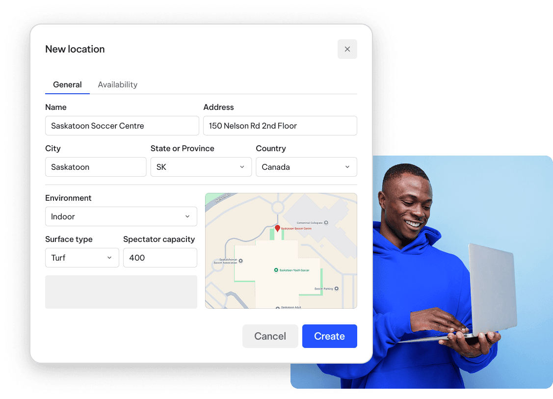 TeamLinkt field and pitch location manager showing venue details, map, and capacity for soccer scheduling