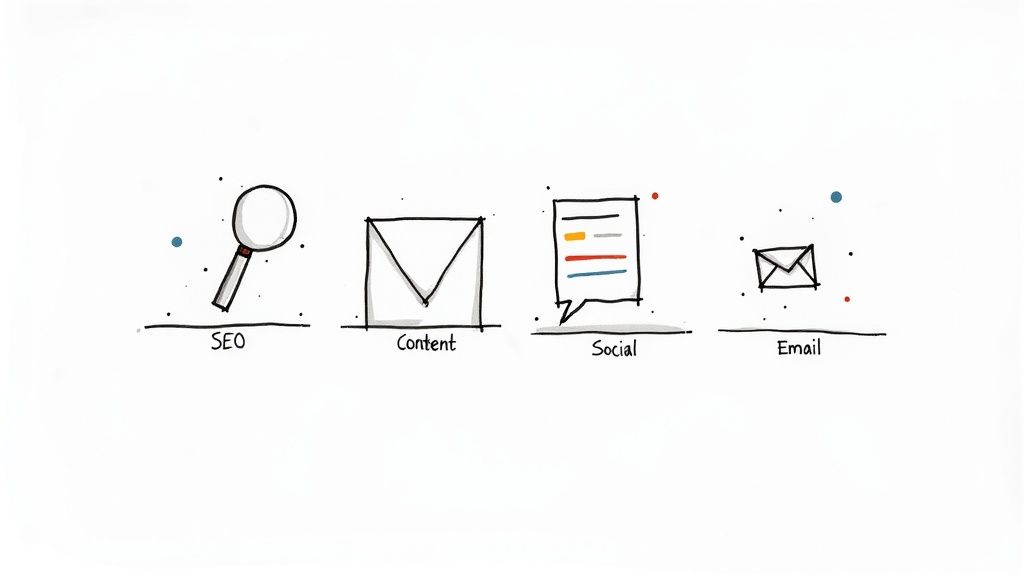 Four pillars of organic marketing strategy including SEO, content, social media, and email illustrated with simple icons