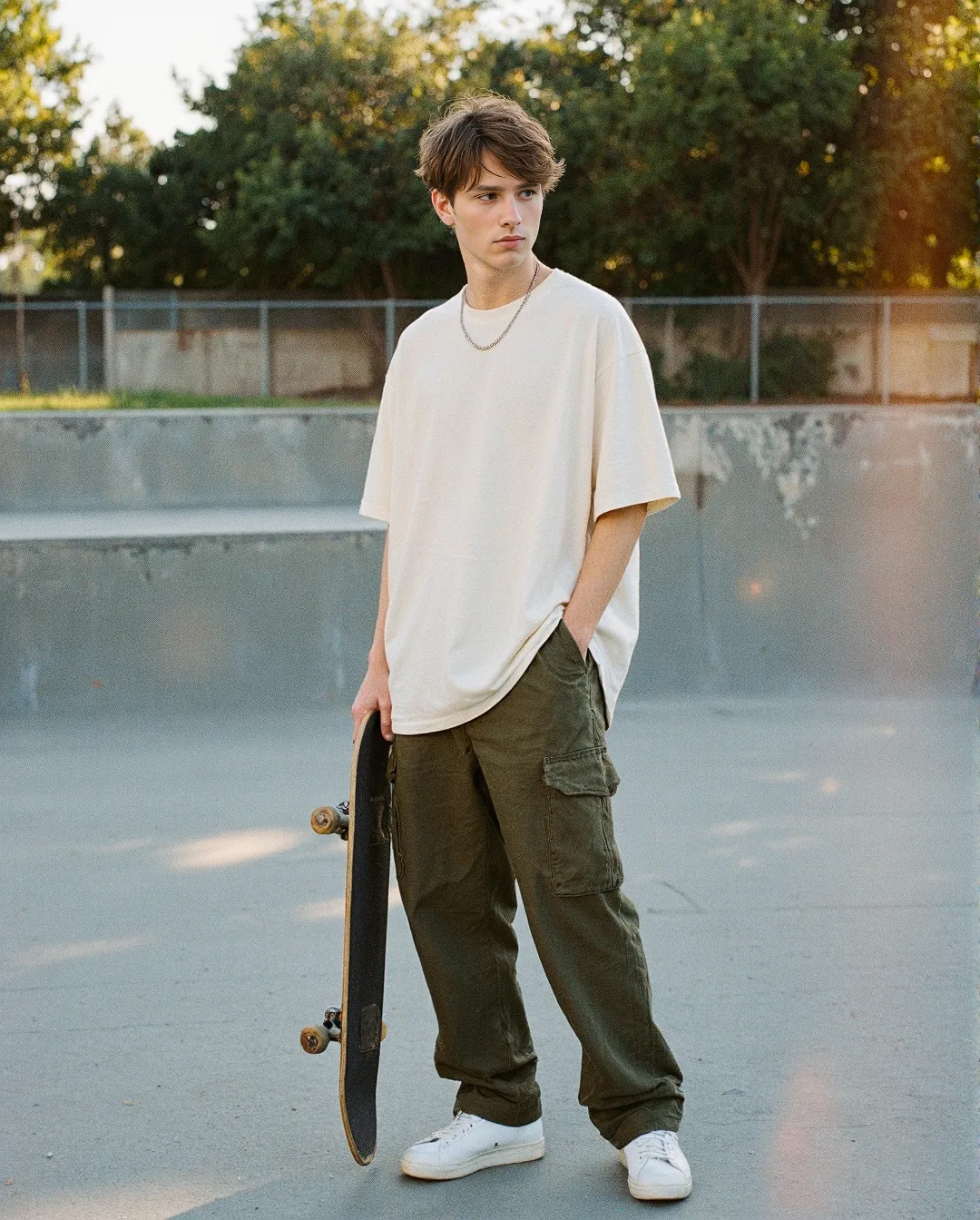 Stylish skateboarder in oversized white t-shirt and olive cargo pants standing at skatepark in golden hour lighting