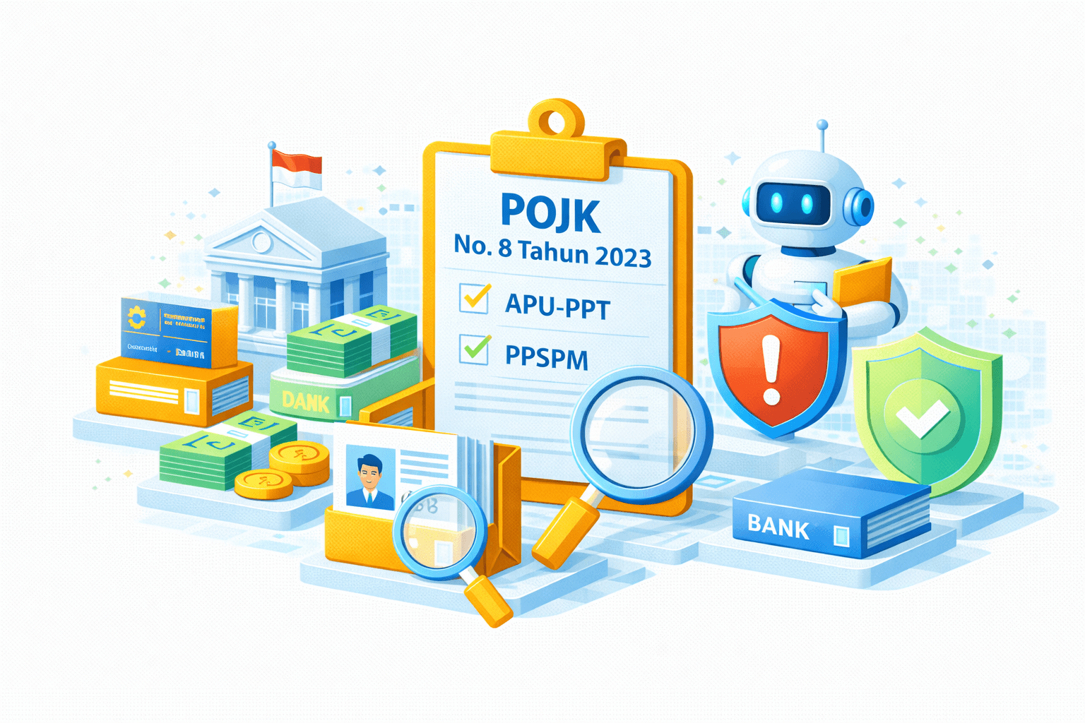 Ilustrasi kepatuhan POJK No. 8 Tahun 2023 (APU‑PPT & PPSPM) berbasis AI di sektor perbankan. Di tengah terdapat clipboard bertuliskan “POJK No. 8 Tahun 2023” dengan checklist APU‑PPT dan PPSPM bertanda centang. Di sekitarnya terlihat gedung institusi/regulator, tumpukan uang dan koin, serta arsip identitas nasabah yang diperiksa dengan kaca pembesar, melambangkan KYC, verifikasi, dan due diligence.  Di sisi kanan, AI/robot assistant memegang dokumen dan berdiri di belakang perisai oranye (peringatan/risiko) dan perisai hijau bertanda centang (patuh/approved), menunjukkan deteksi risiko dan persetujuan kepatuhan. Elemen bank, buku laporan, dan ikon keamanan menggambarkan penerapan AML/CFT, pengawasan berbasis teknologi, serta perlindungan data yang terintegrasi dan patuh regulasi.