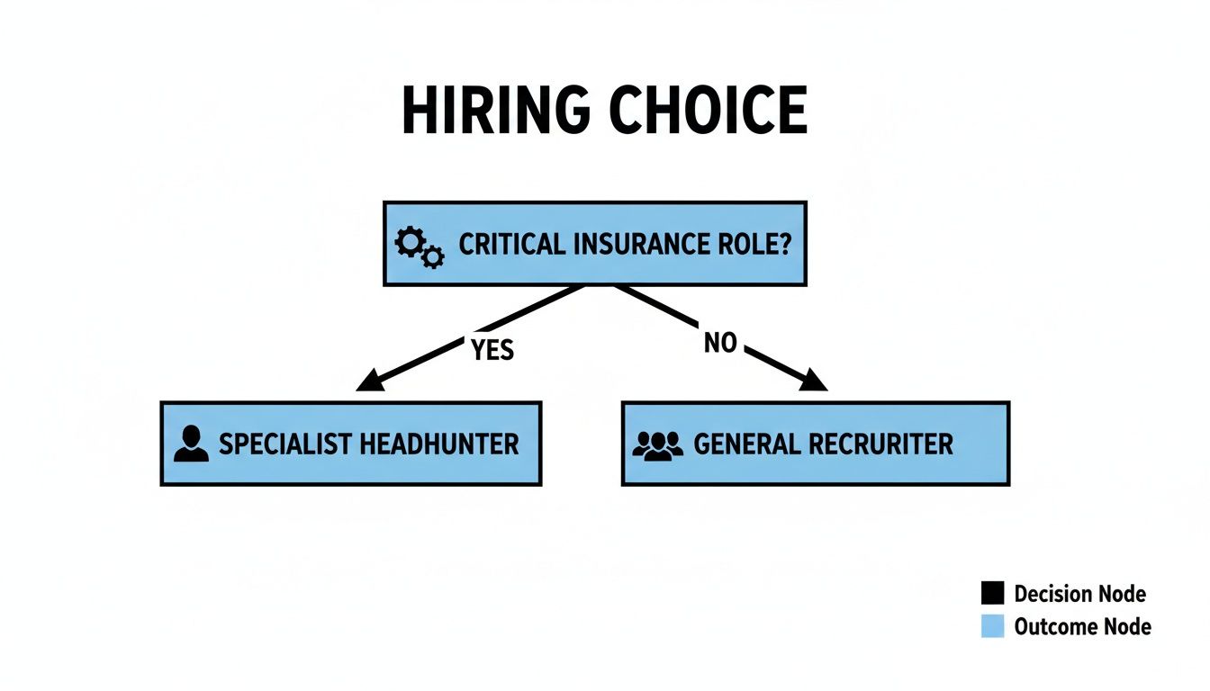 Flowchart on hiring choices for insurance roles, recommending specialist headhunter or general recruiter.