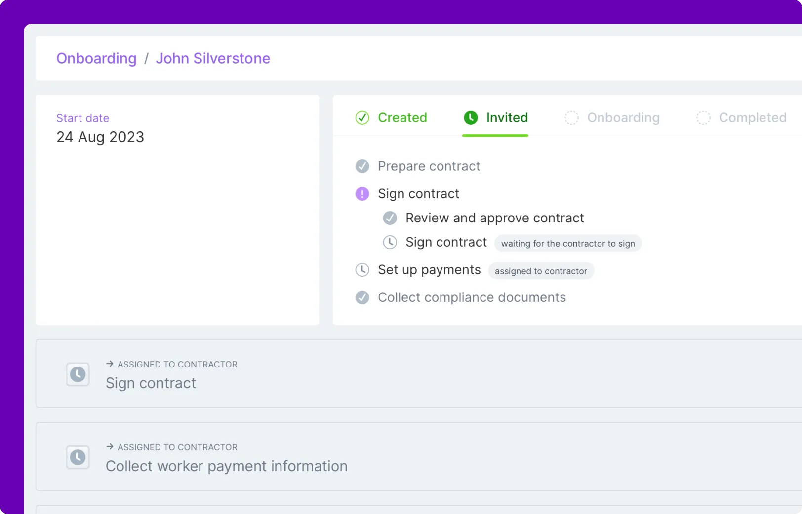 A screenshot of an onboarding page for John Silverstone, who has been invited to Plane and is currently in the "Sign contract" step. There are two steps shown that are assigned to John: "Sign contract" and "Collect worker payment information"