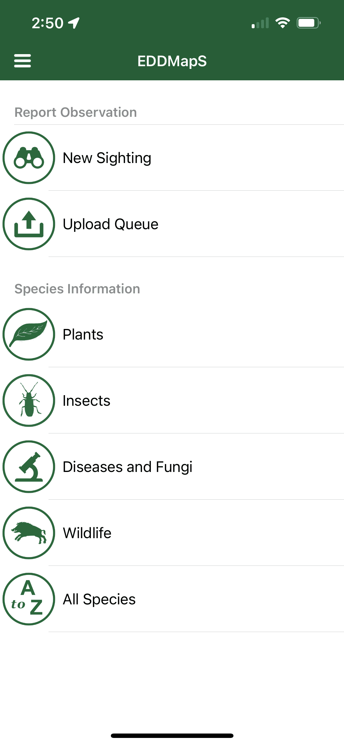 screenshot from EDDMapS with list of categories