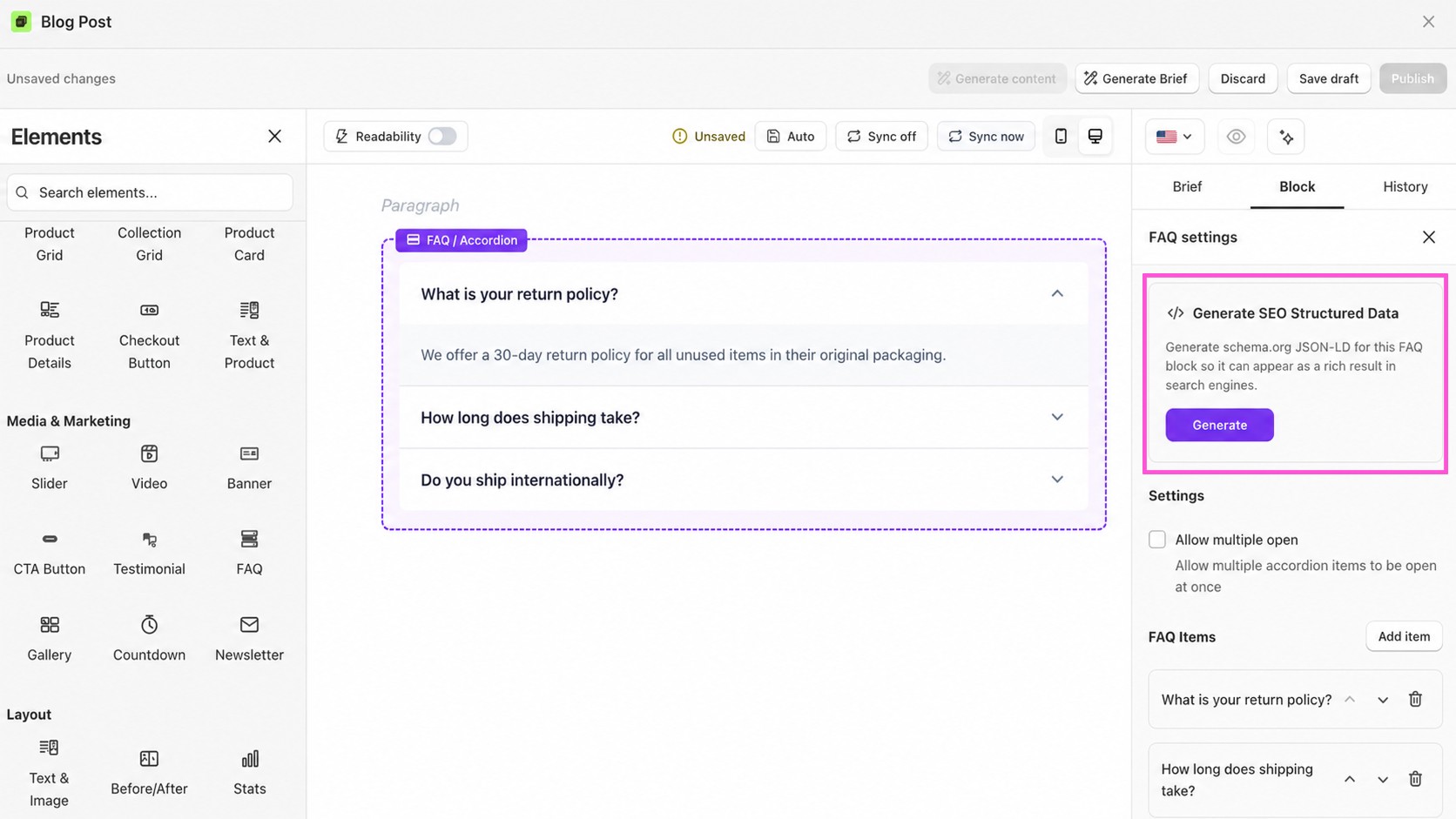 how to generate sturctured data for faq section in blog in shopify