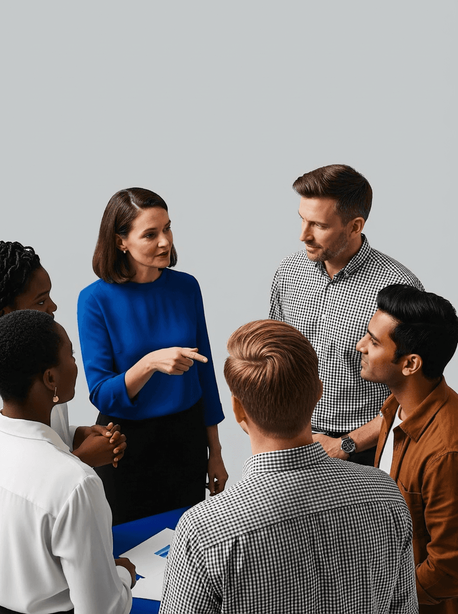 Diverse team collaborating in a meeting, woman leading discussion.