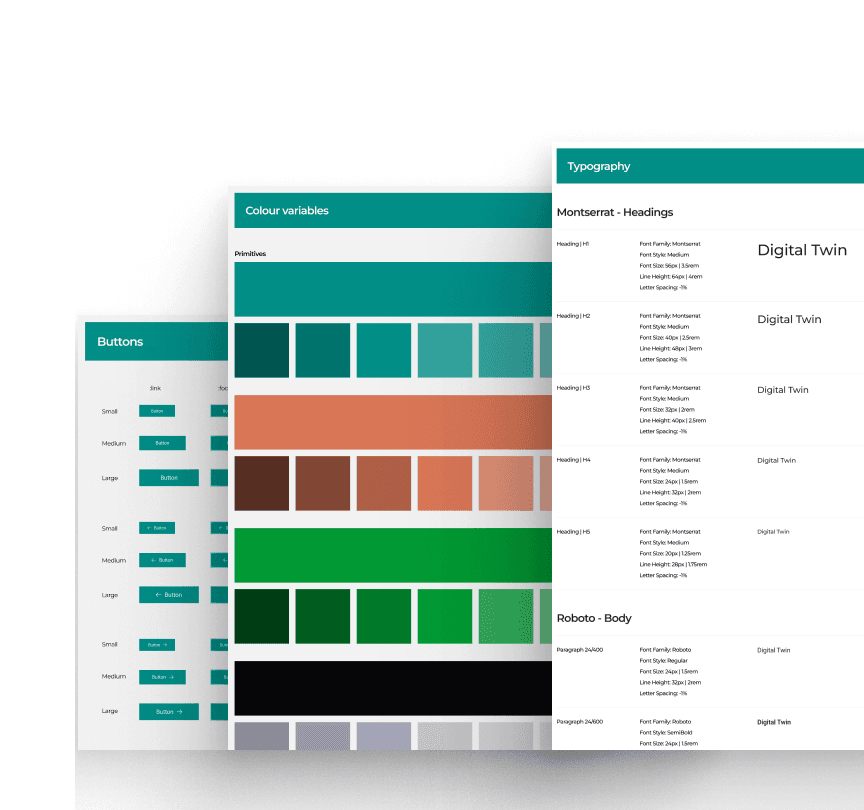 The UrbanEcho design system, showcasing foundational UI components like buttons, a color palette, and type scale.