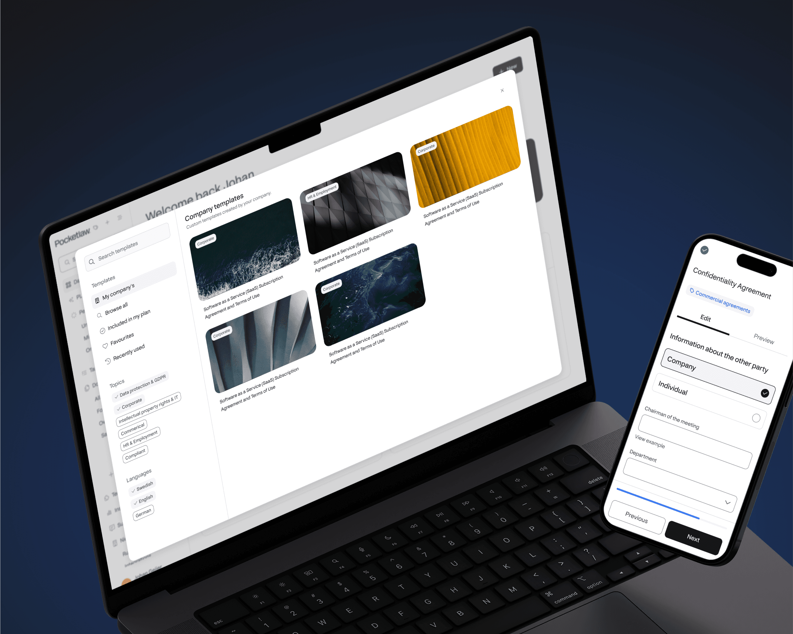 Laptop and smartphone displaying an online document collaboration and contract management interface. The platforms show templates for software as a service (SaaS) agreements and confidentiality agreements, emphasizing efficient online collaboration for legal and contract management processes.