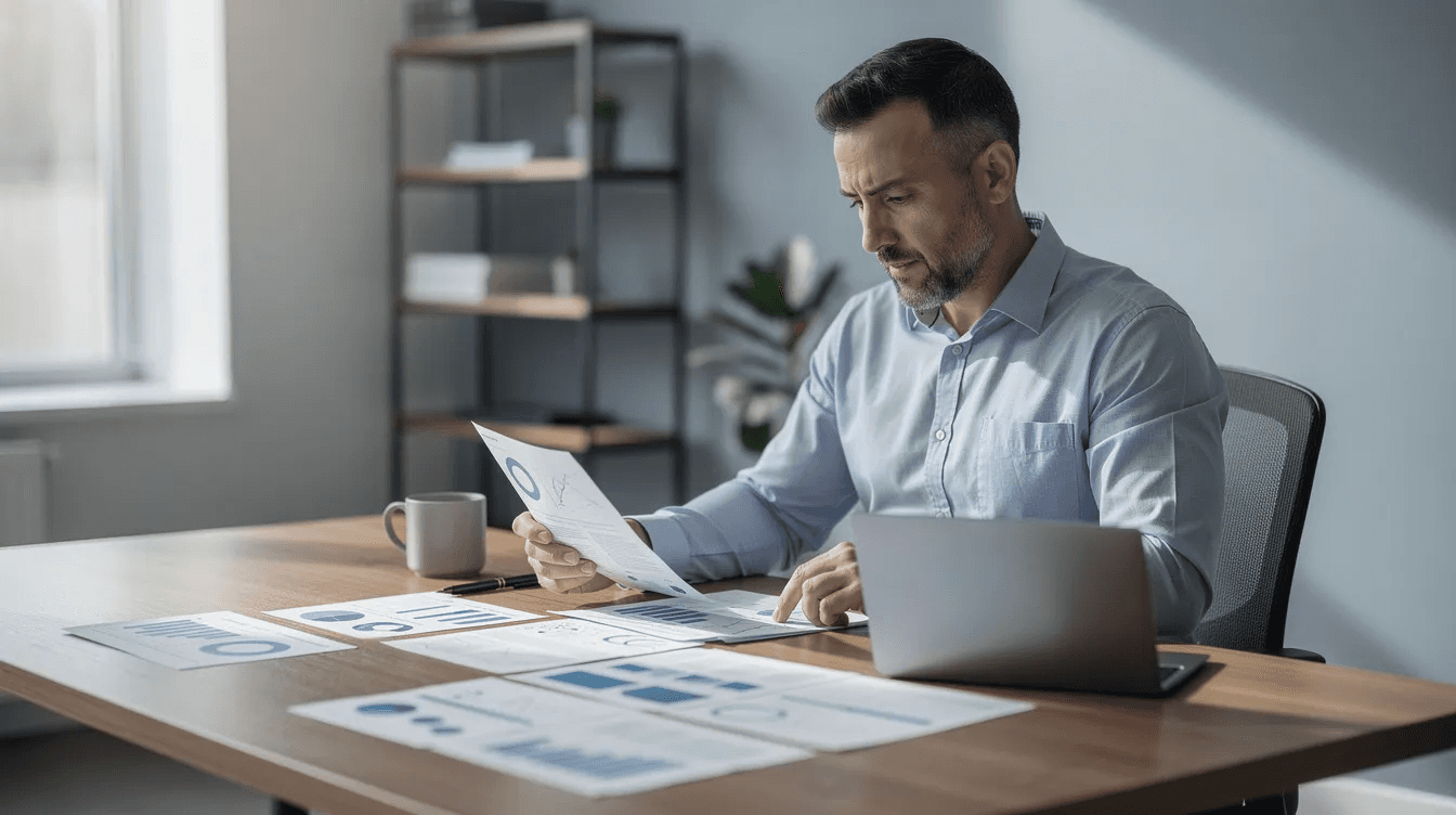 A business owner is seated at a desk, intently reviewing financial documents alongside a laptop, which may contain details about various asset finance options such as finance leases and hire purchase agreements. This scene highlights the importance of understanding business finance for effective cash flow management and business growth.