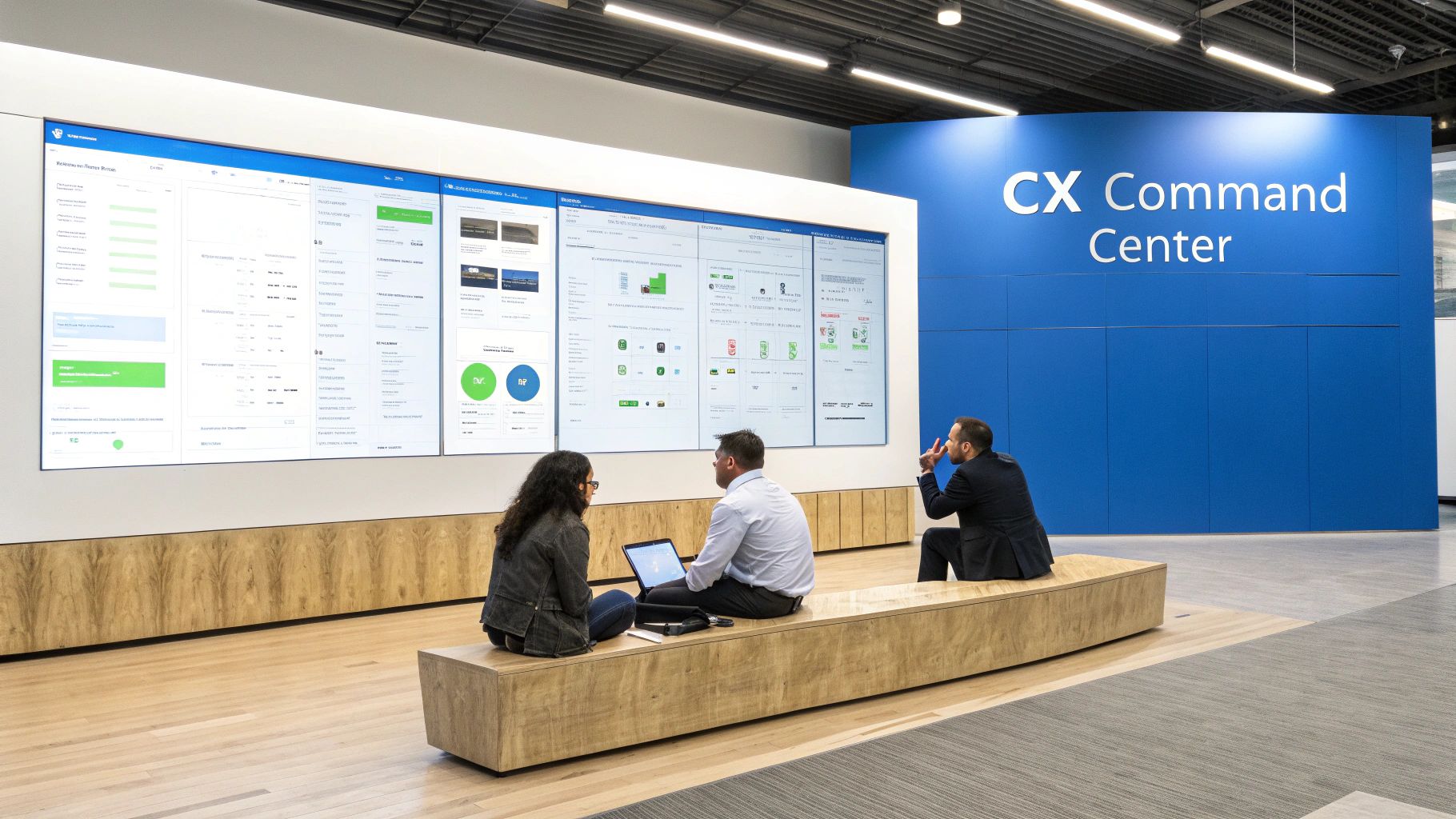 Three people view data dashboards on a large digital display wall in a modern CX Command Center.