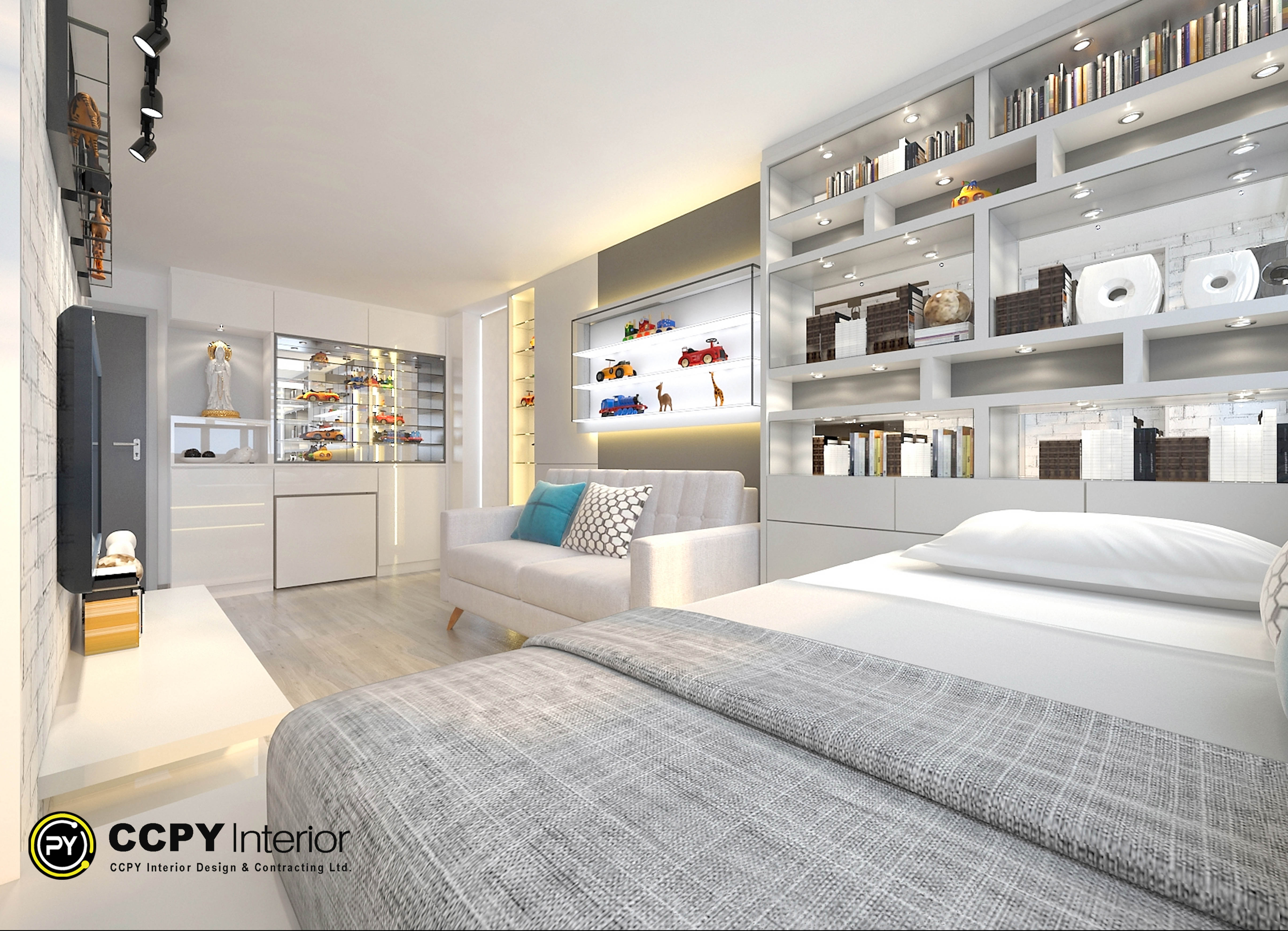 The highlighted region displays a custom minimalist living room and storage layout tailored for an apartment.Design HighlightsIntegrated Lighting: Recessed LED strip lighting accents the built-in shelves and floor units, casting a warm ambient glow.Showcase Display Cabinet: A dedicated wall-mounted glass display case keeps toy models and collectibles dust-free while acting as a focal art piece.Space Optimization: Sleek, handleless white cabinetry matches the wall profile to maximize vertical storage space without looking cluttered.Flexible Seating: A low-profile modular sofa sits alongside a built-in platform bench, maximizing the utility of a compact footprint