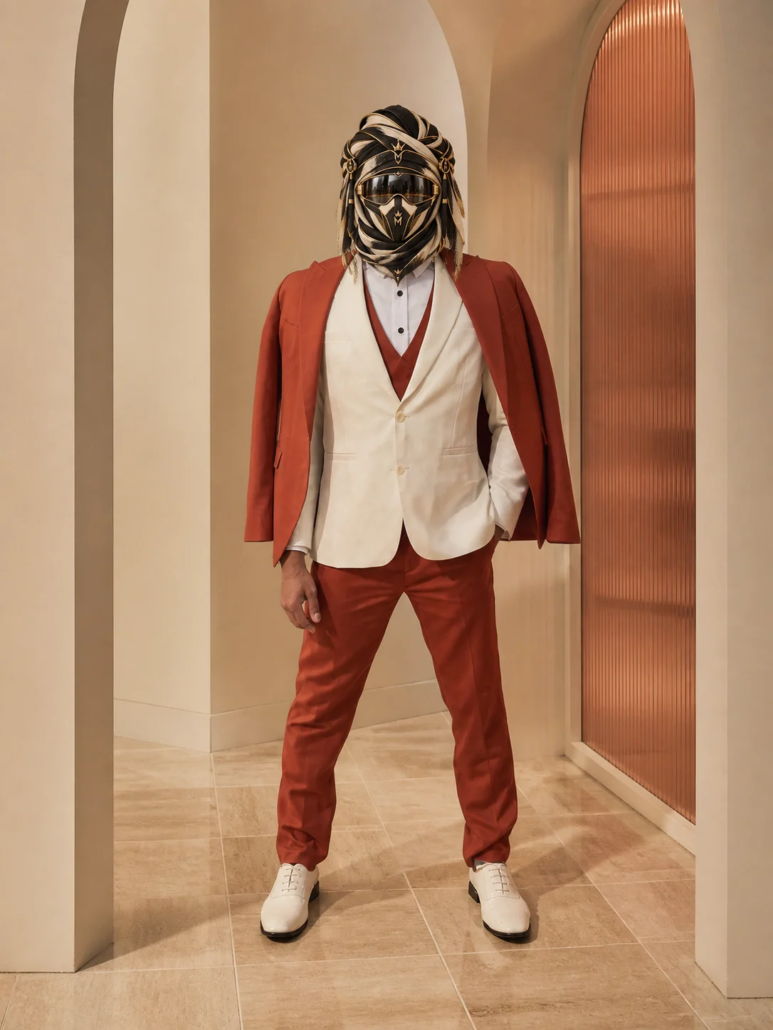 Full-length view of Rust and White, a white tailored jacket with a rust-colored drape and rust trousers, with the official Marzelest face covering.