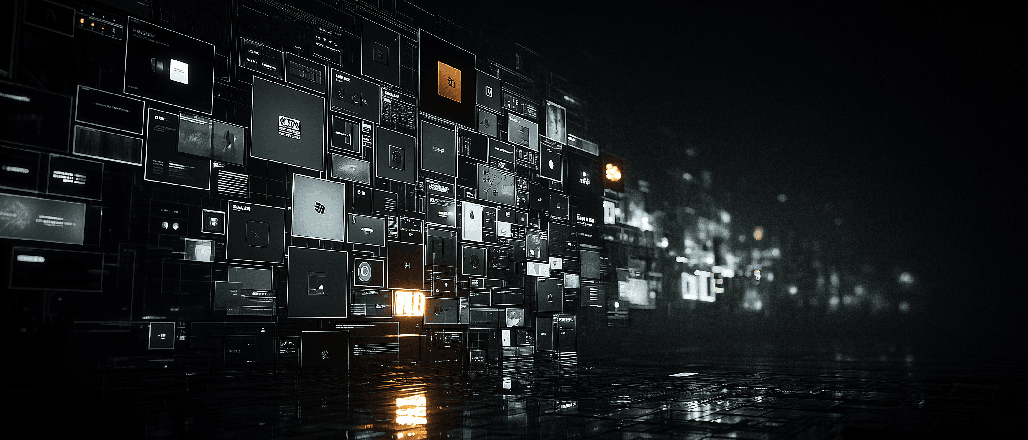 Abstract wall of dark interface panels and data screens with illuminated highlights, suggesting a governed analytical workflow or enterprise process-control environment.