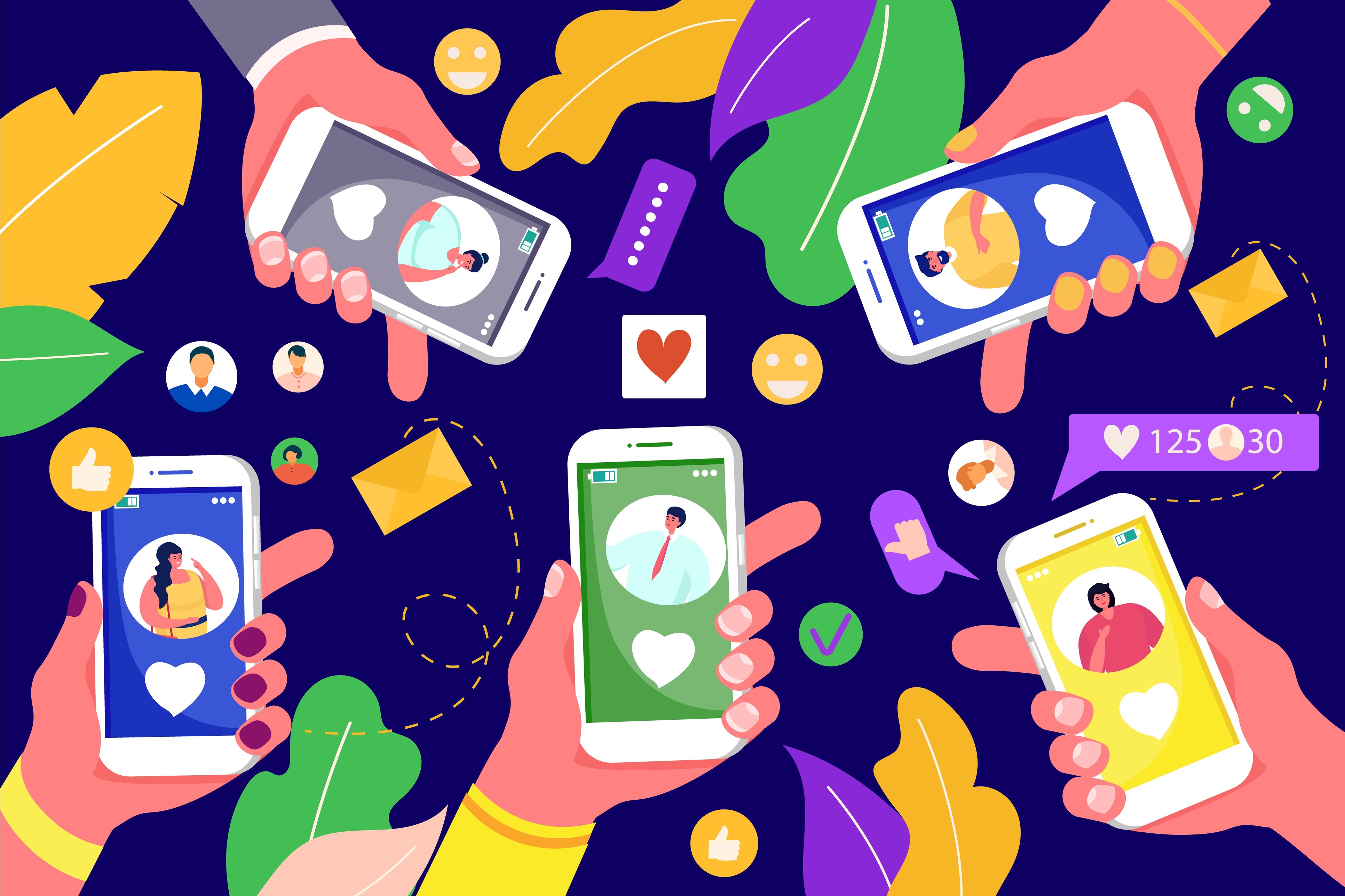 Flat illustration of multiple hands holding phones with creator profiles, likes, and follower counts representing social media engagement