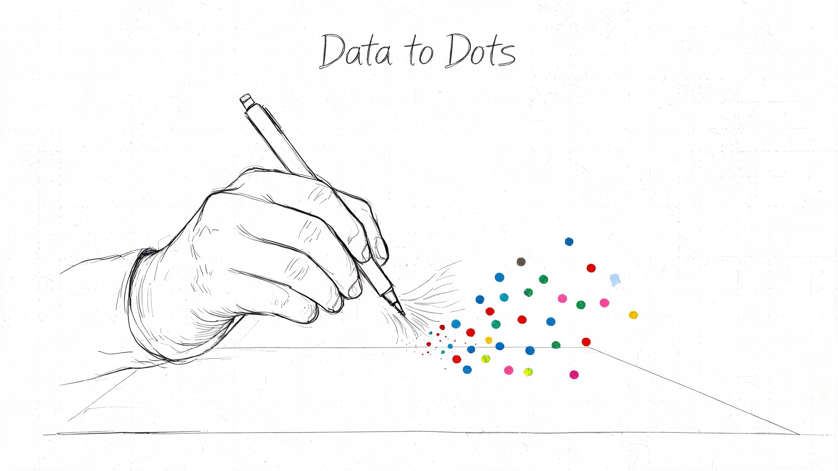 A hand drawing colorful dots with a pen on a paper surface representing data visualization.