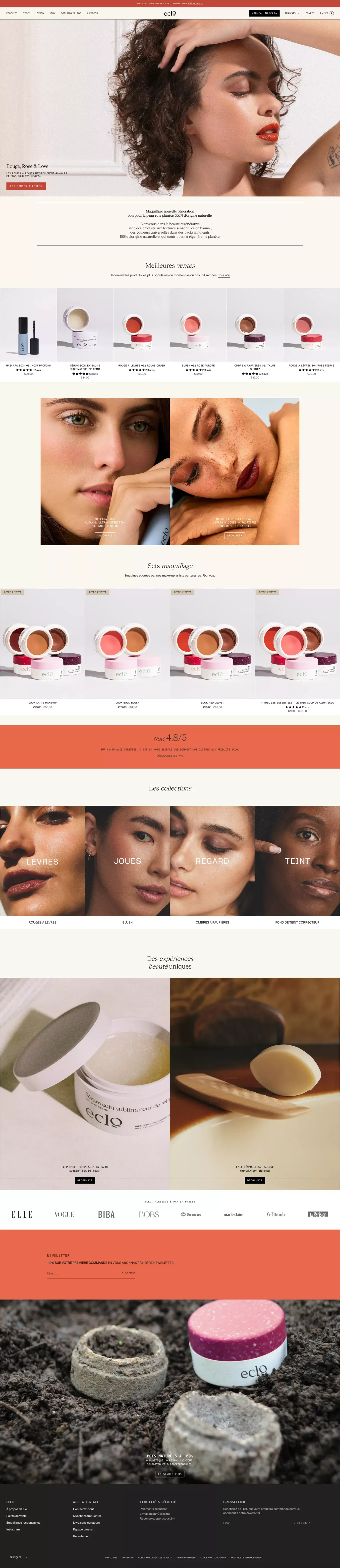Eclo - Le maquillage réinventé. 100% nat ecommerce page screenshot showcasing Beauty and Ecommerce design