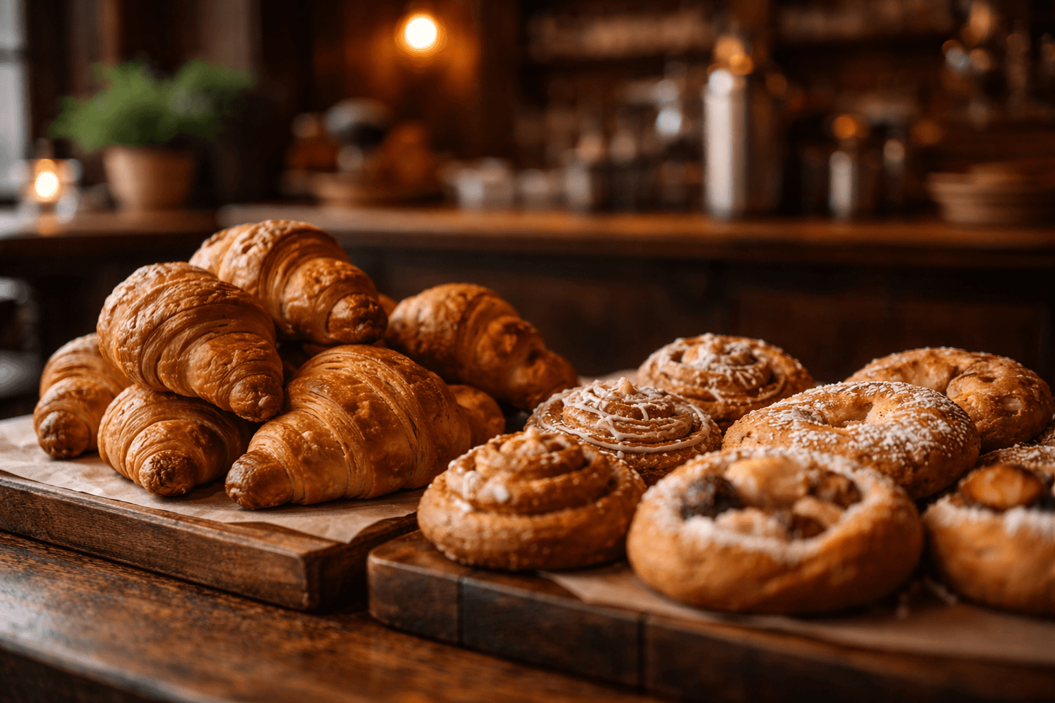 Assortment of freshly baked croissants and pastries displayed on wooden boards.
