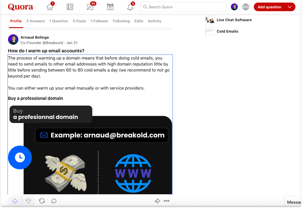 Cold Email Alternative Answering Quora Questions | Breakcold