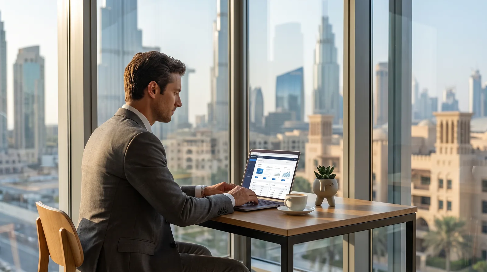 French founder reviewing UAE residency visa paperwork at a bright Dubai office