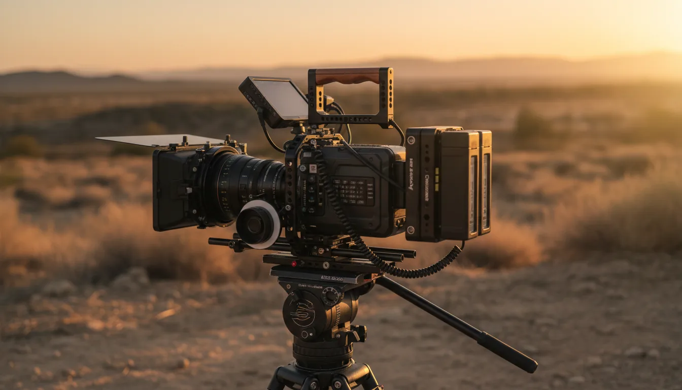 DSLR photography of a professional video camera rig on location, seen from a side-angle view. The camera is mounted in a metal cage with a top handle featuring a wooden grip. The shot is captured during the golden hour, with warm, low-angle sunlight highlighting the equipment. The background is a soft, blurry landscape with a warm-toned sky, creating a beautiful bokeh effect with a shallow depth of field.