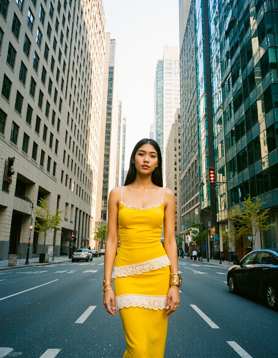 Bright yellow dress with lace trim stands out against urban skyscraper backdrop on empty city street with dramatic perspective