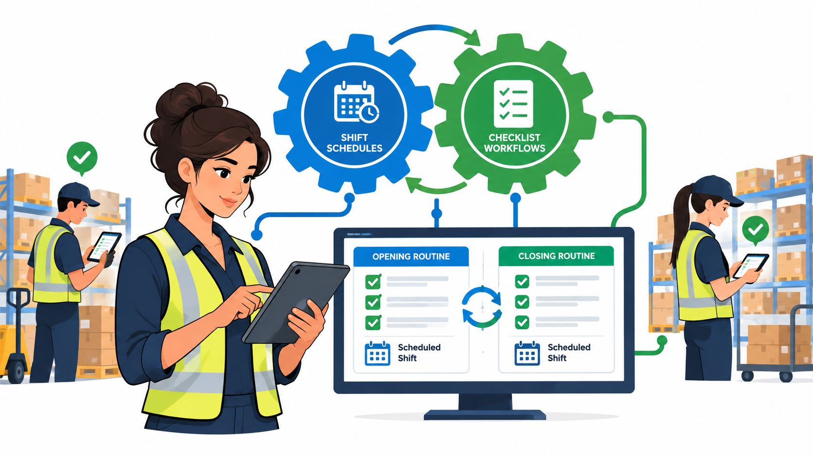 A professional warehouse supervisor using a tablet app to manage employee shift schedules and daily operational checklists.