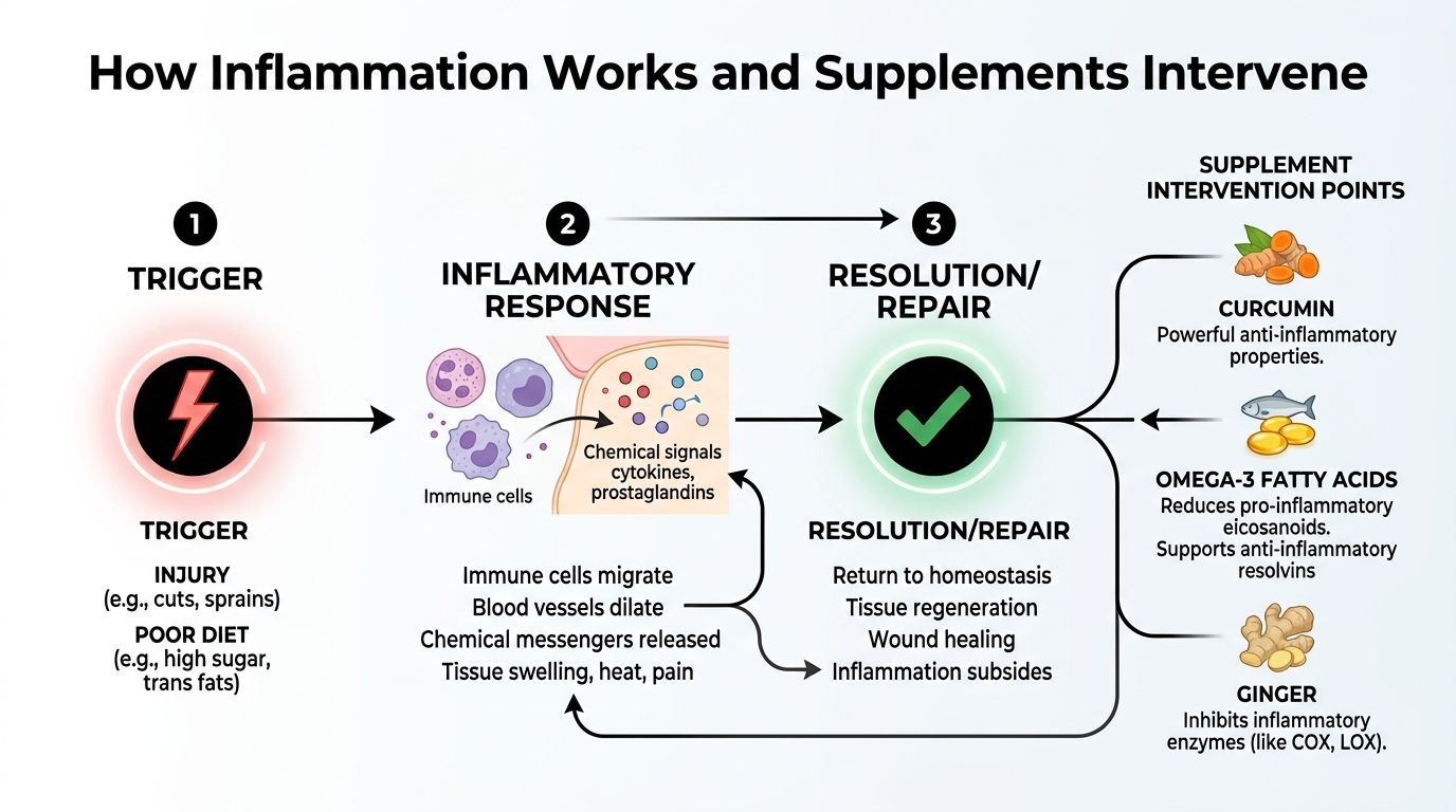 A diagram illustrating the three stages of inflammation and how supplements like curcumin, omega-3s, and ginger intervene.