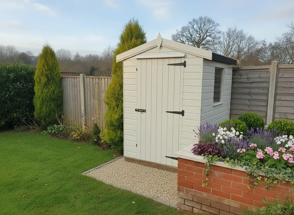 Cream painted apex shed with window on a gravel base
