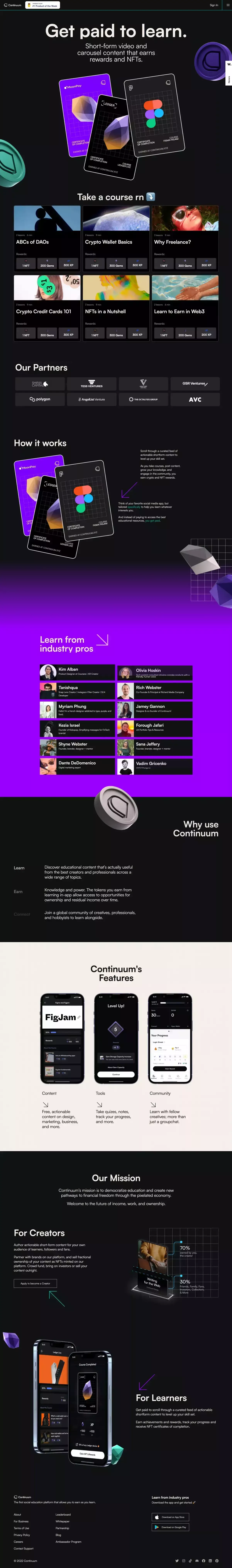 Continuum landing page screenshot showcasing Tech and Finance design