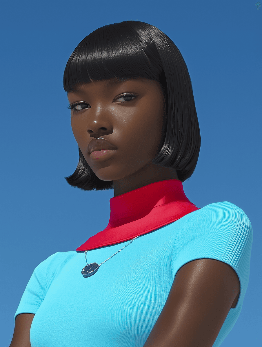 A person with short black hair, wearing a turquoise top and red collar, stands confidently against a blue background.