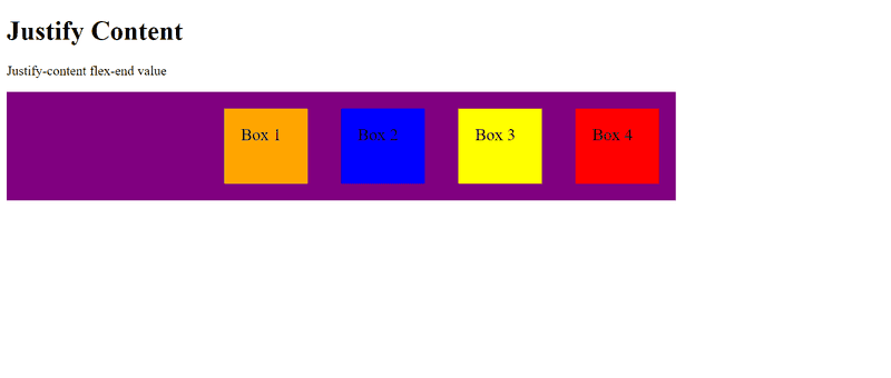 Four flex items being contained in a flex container with justify content flex-end value applied