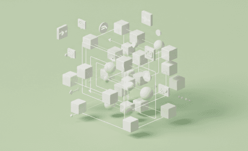 An isometric 3D illustration of a web of cubes and spheres connected by wires