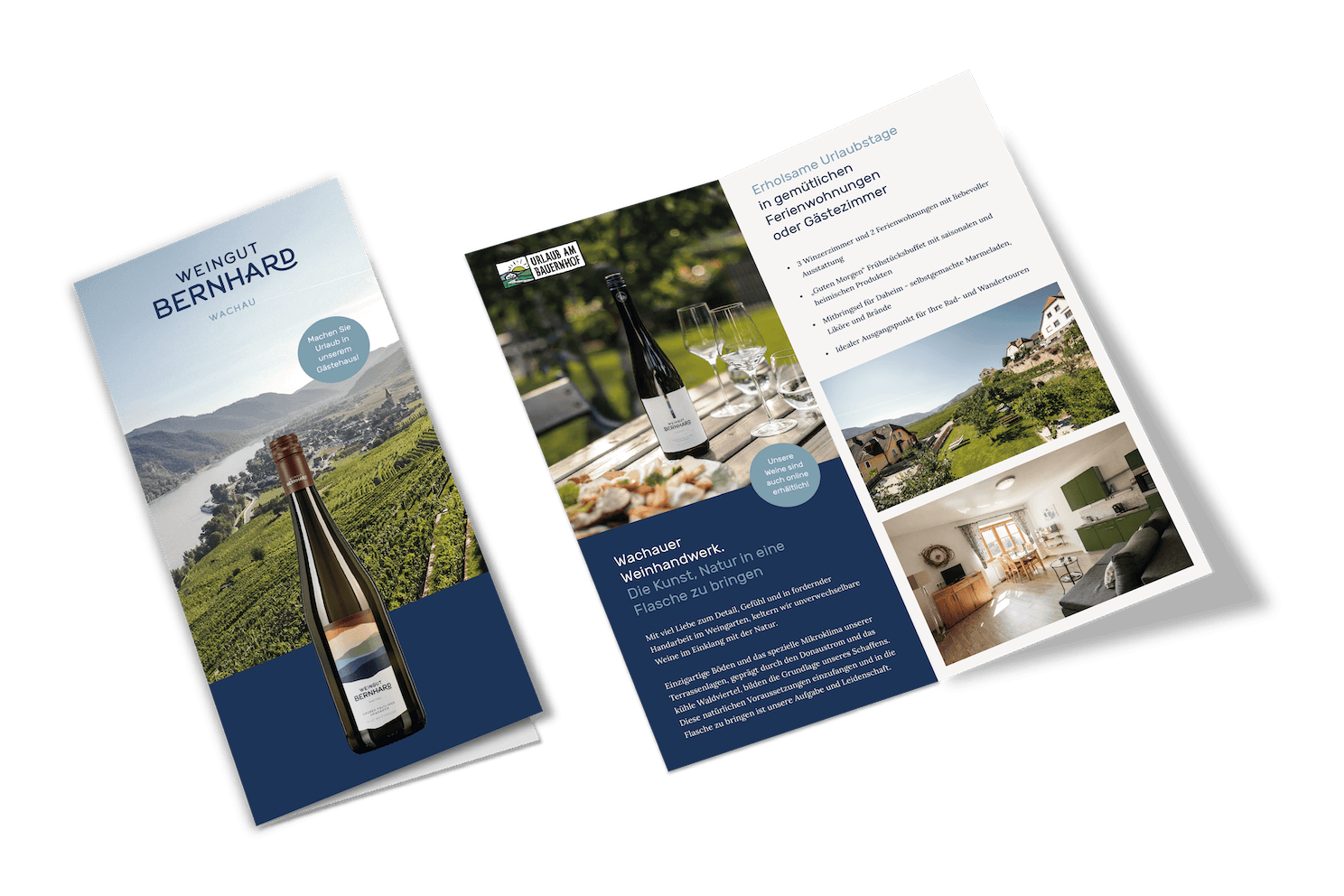 Gestaltung einer Informationsbroschüre mit Fokus auf Wein, Herkunft und touristisches Angebot des Weinguts
