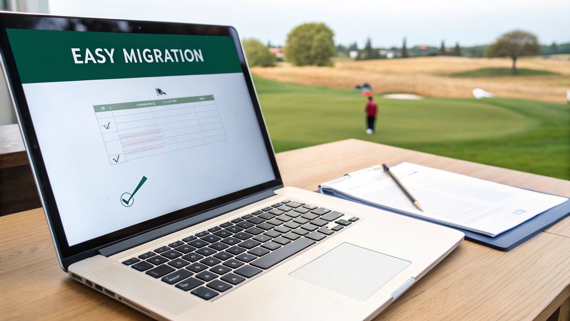 A laptop on a table displaying 'EASY MIGRATION' software and checklists, with a golf course in the background.