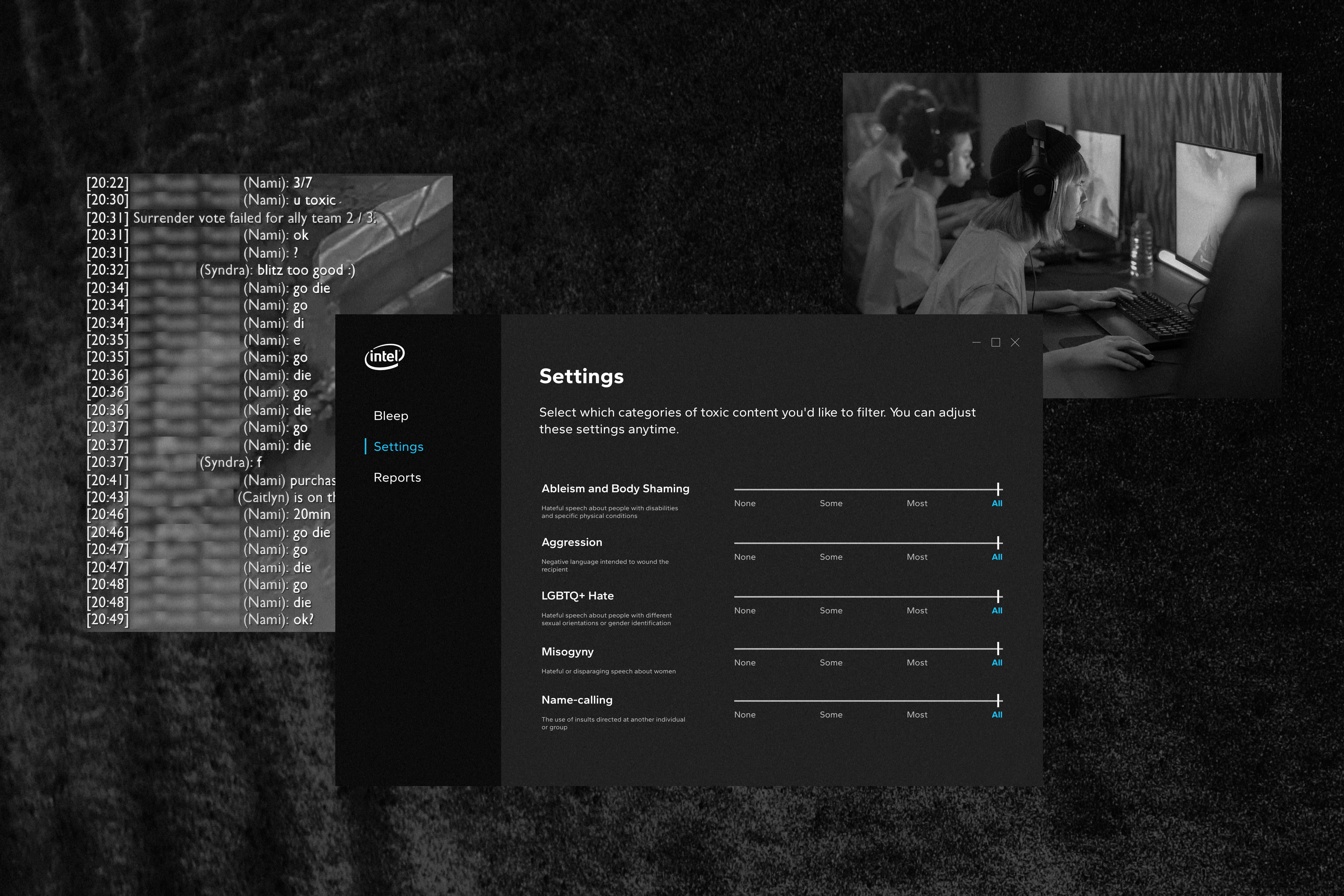 Bleep Settings screen with different types of toxicity