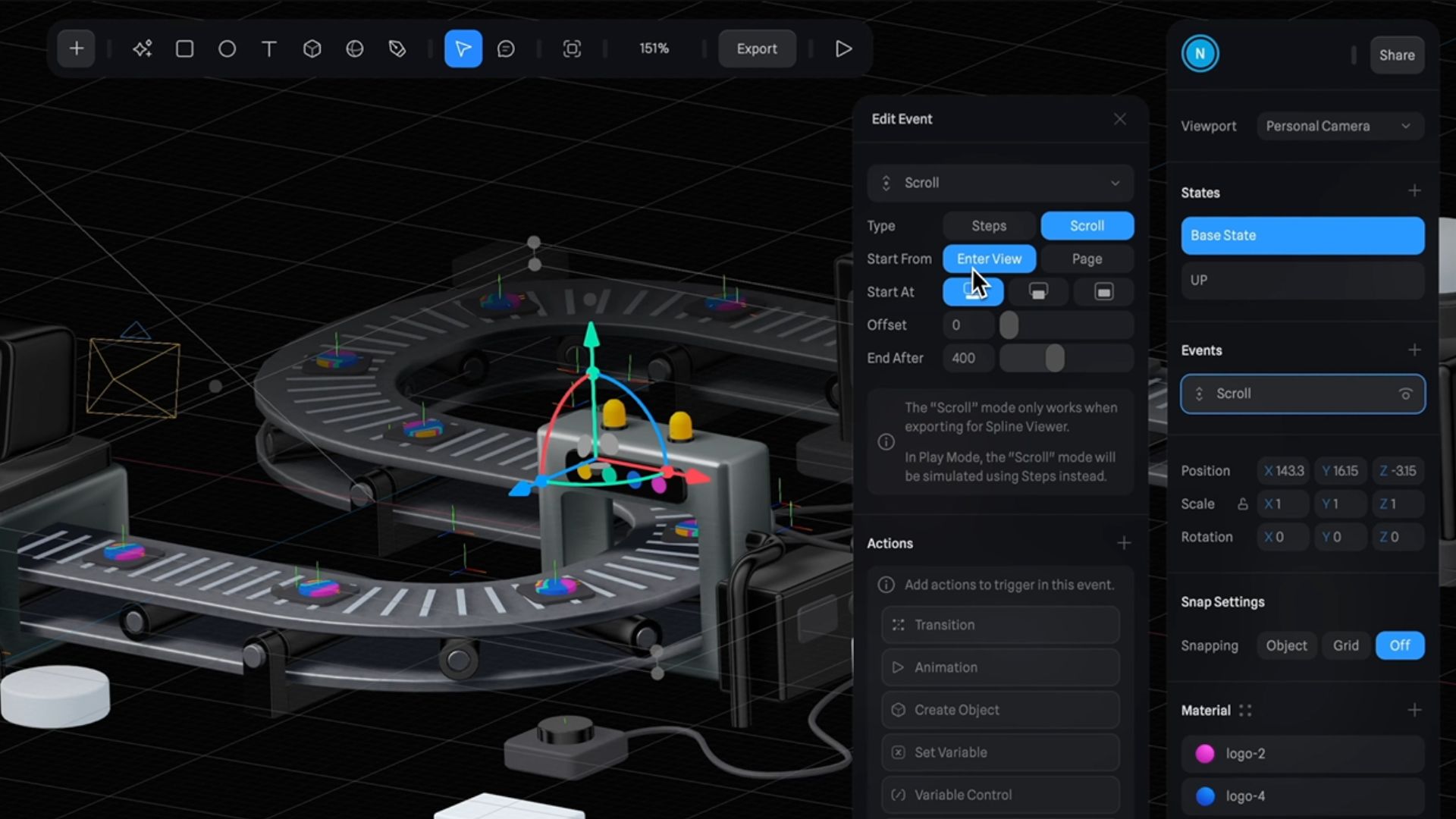 3D editor interface showing scroll animation setup and conveyor system