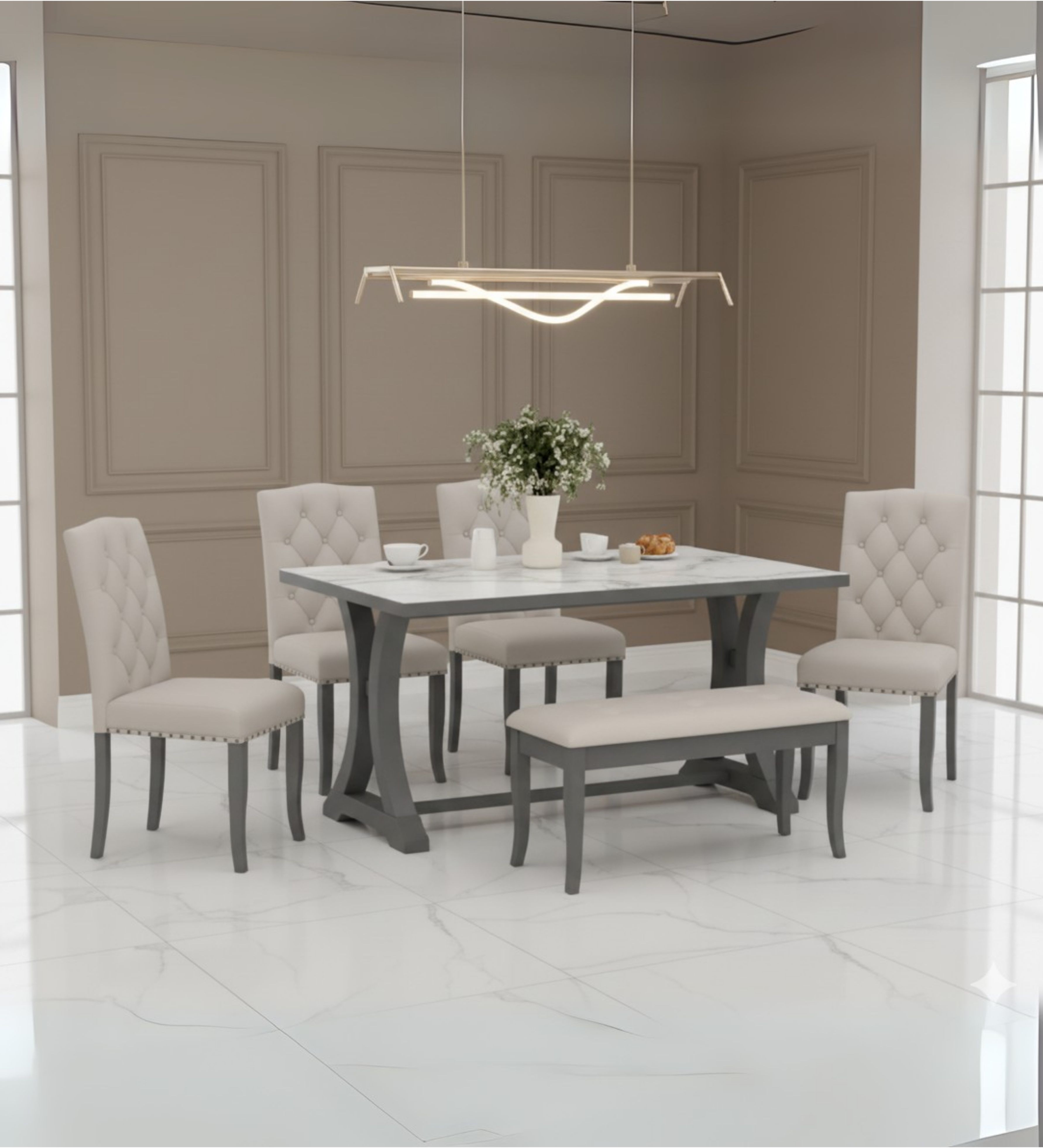 Compact classic dining table with tufted chairs and a bench, suited for everyday dining spaces