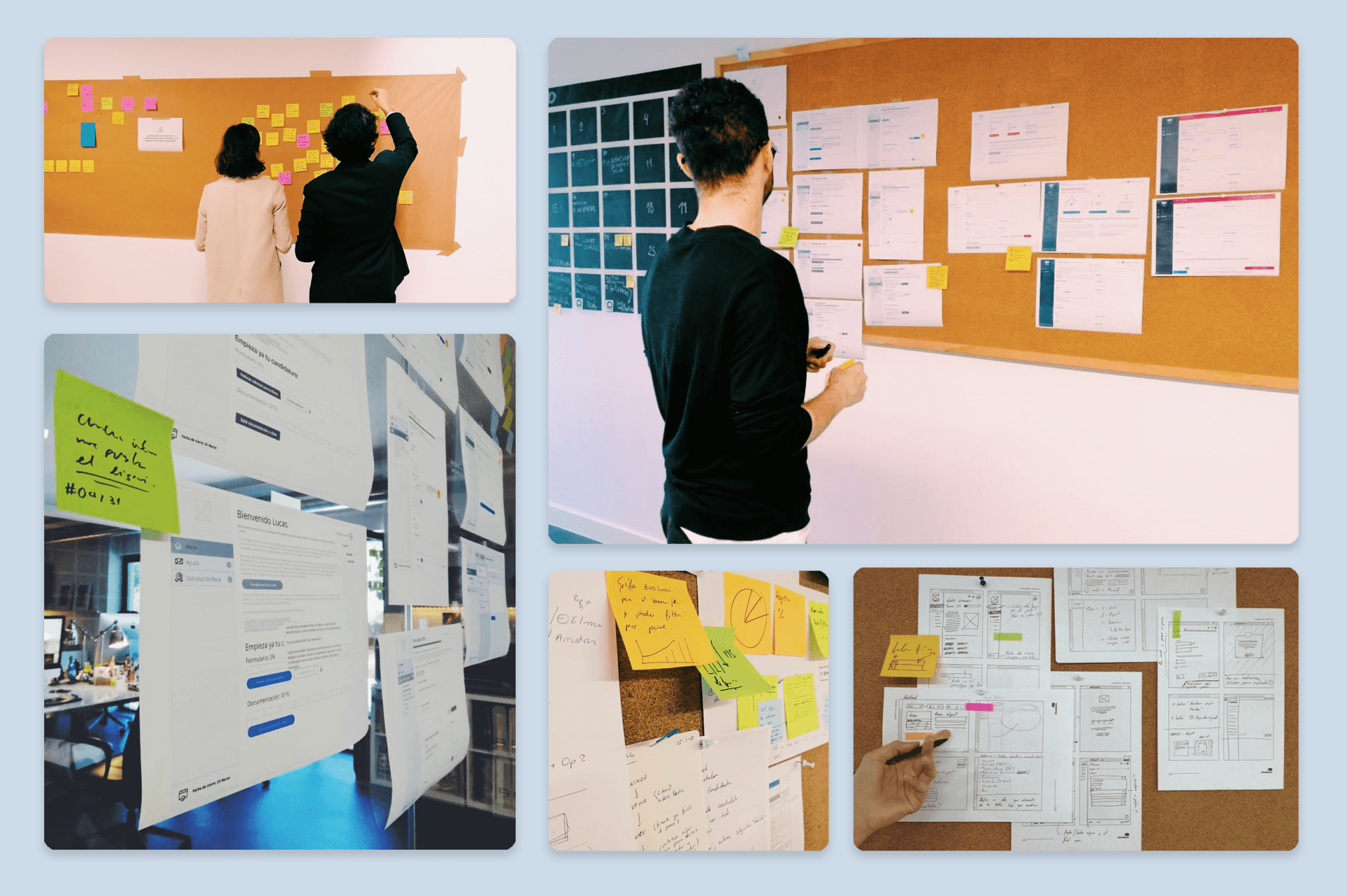 Equipo Thankium trabajando en workshop con Fundación Botín en planificación de proyectos con diagramas y notas adhesivas en una pizarra.