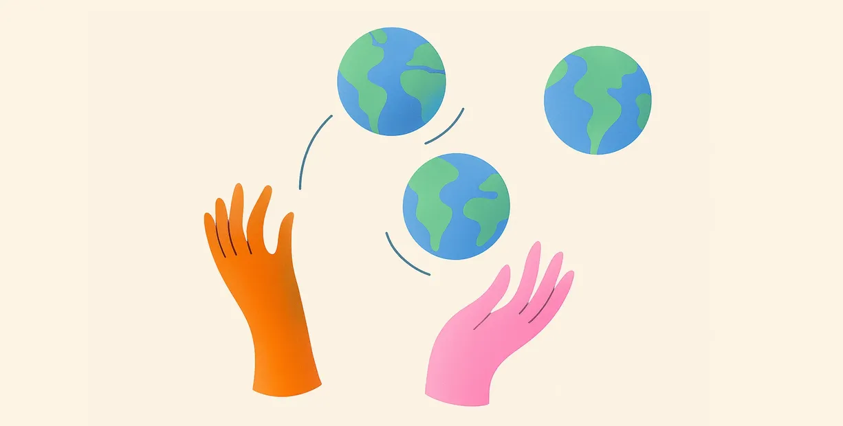 Graphic of two hands tossing three globes in the air.